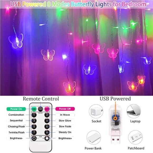 Butterfly curtain fairy lights 20ft multicolor LED string lights remote timer US - Picture 7 of 8